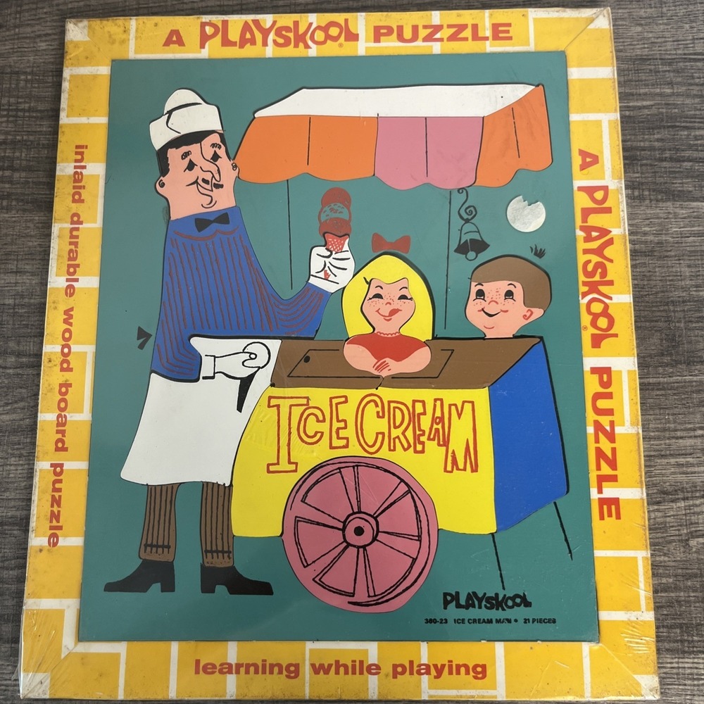 Vtg Playskool #360-23 Ice Cream Man Wood Tray 21 Piece Board Puzzle Inlays New